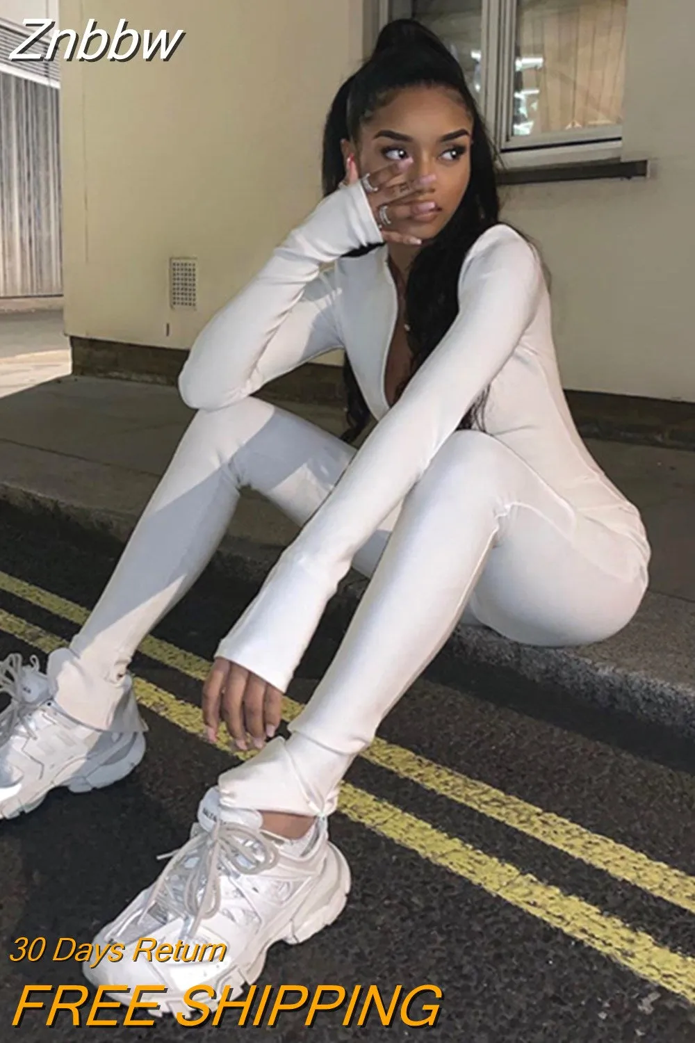 Znbbw Black/White Sexy Bodycon Tracksuit Jumpsuit Women 2023 New Fitness Romper Long Sleeve Zipper Elastic Jumpsuit Body Mujer