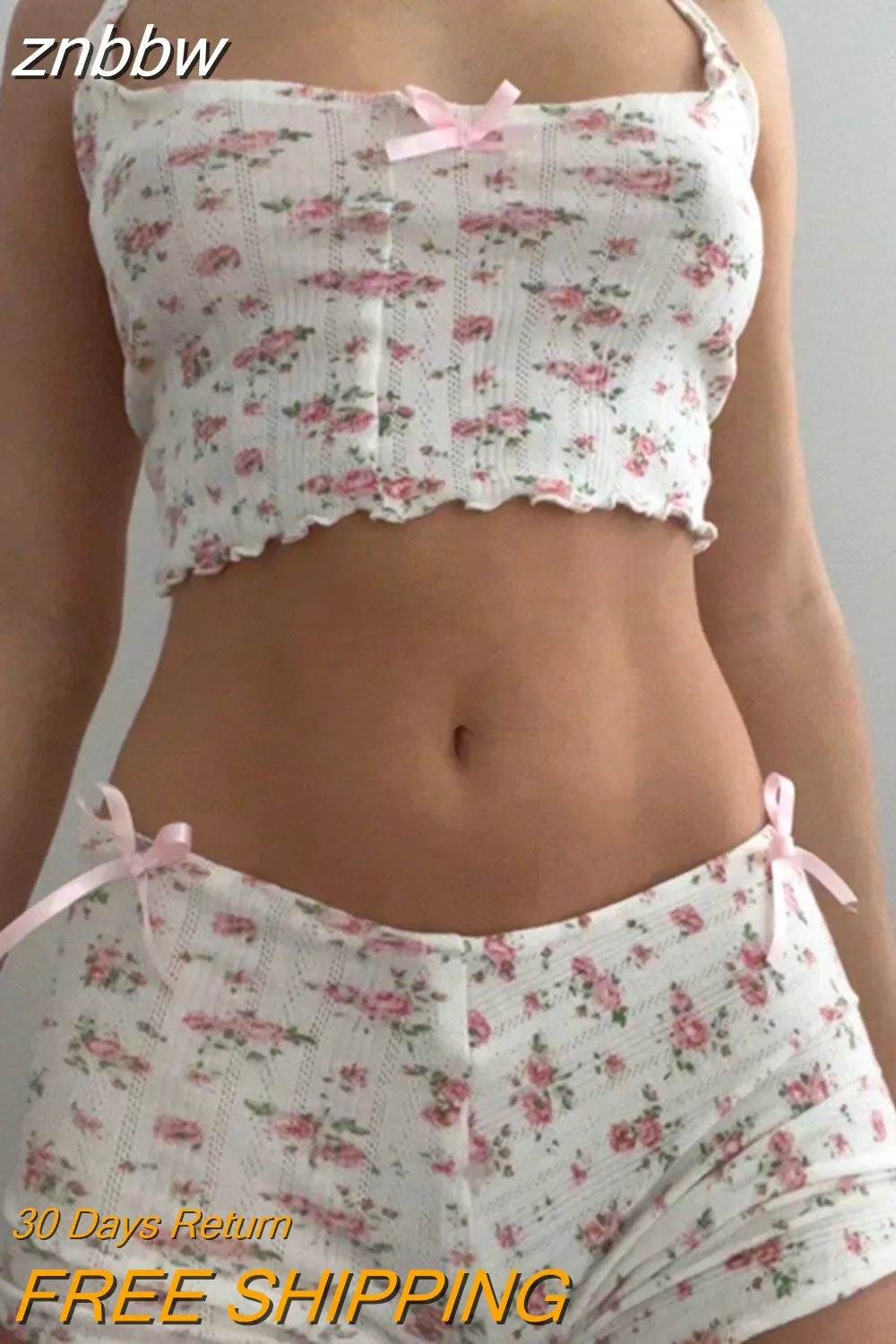 znbbw Floral Print Tank Crop Tops & Shorts Retro Aesthetics Fairycore Grunge Y2K 2 Piece Set Chic Women Homewear Clothes Tee
