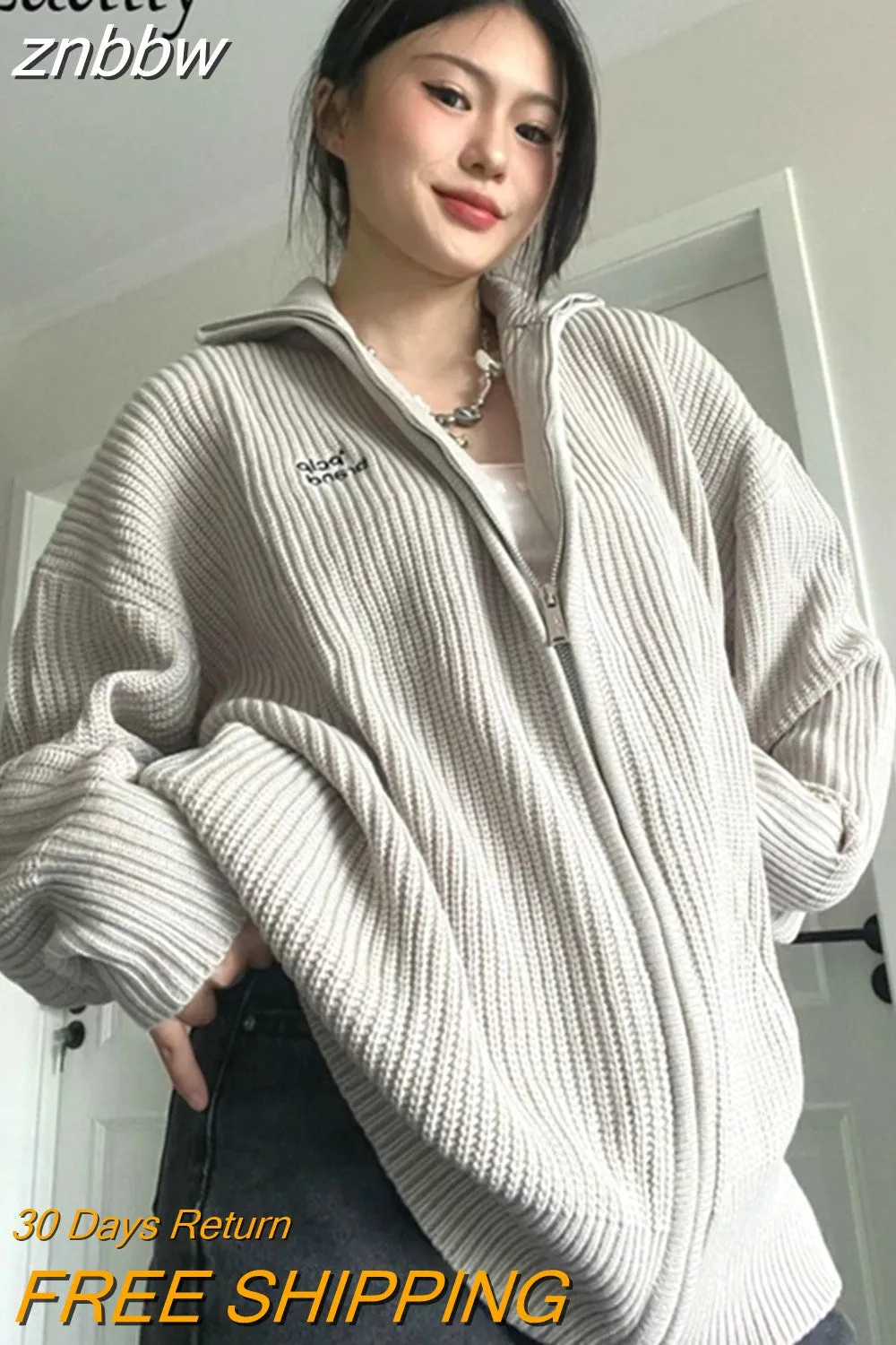 znbbw 2023 Winter Streetwear Long Sleeve Zipper Knit Cardigan Women Letter Appliques Oversize Ladies Sweater Casual Female Coat