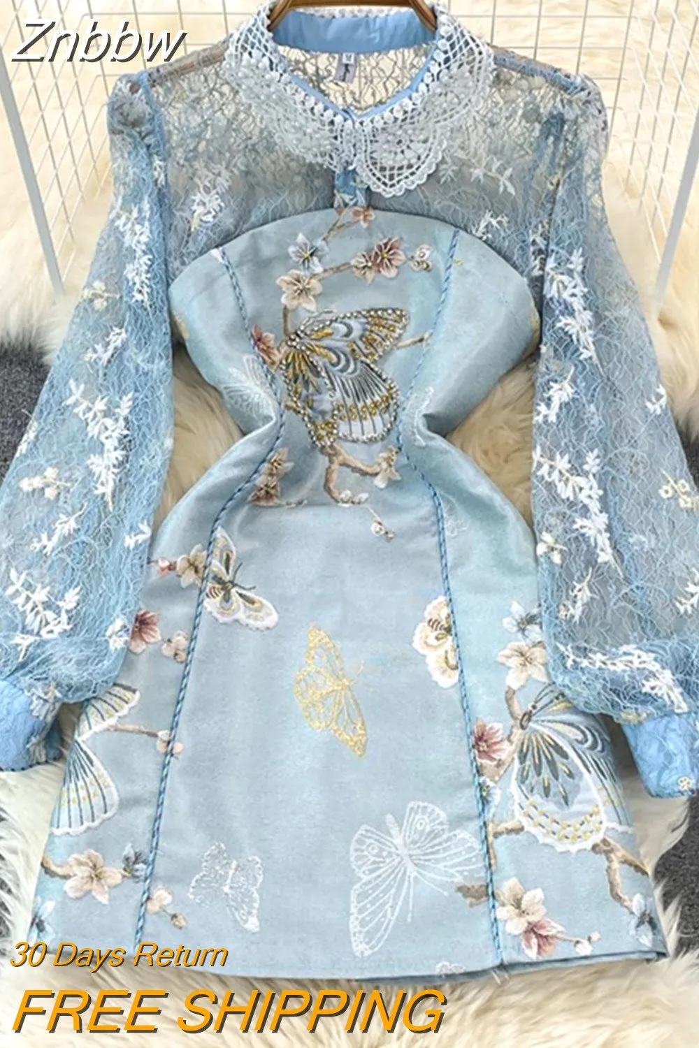 Znbbw Fashion Runway Designer Vintage Party Dress Women Beaded Lapel Embroidery Lace Diamond Butterfly Flower Jacquard Dress