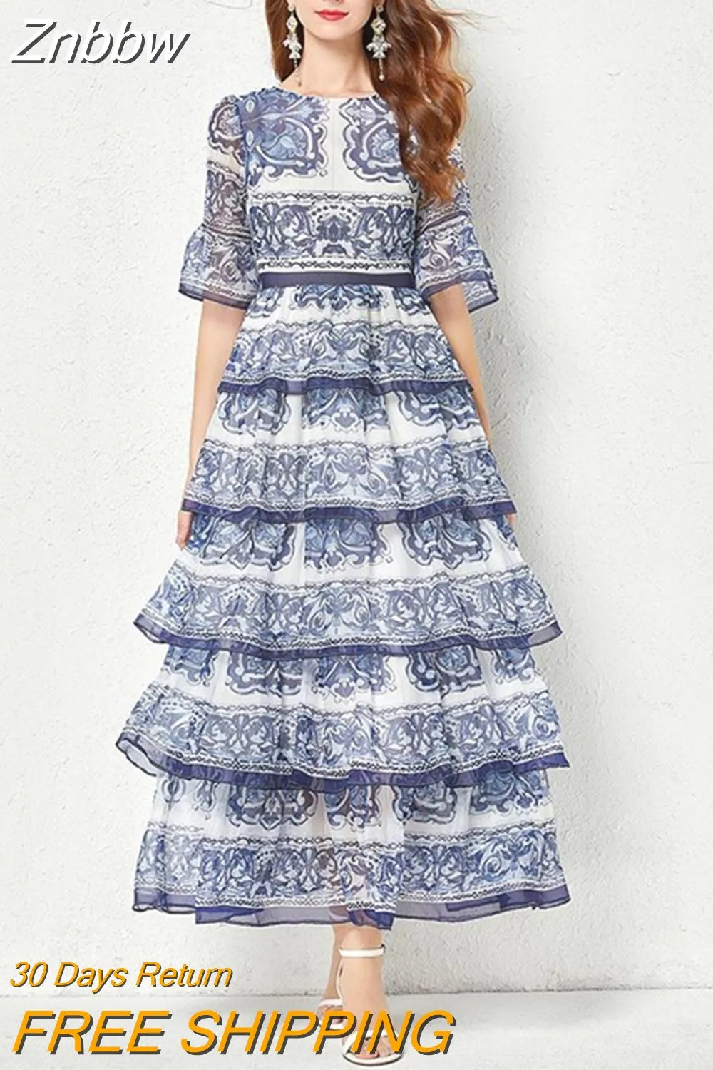 Znbbw New Summer Women Ruffles Cascading Dress Runway Flare Sleeve Blue and White Porcelain 5-Layer Cake Robe Vestidos