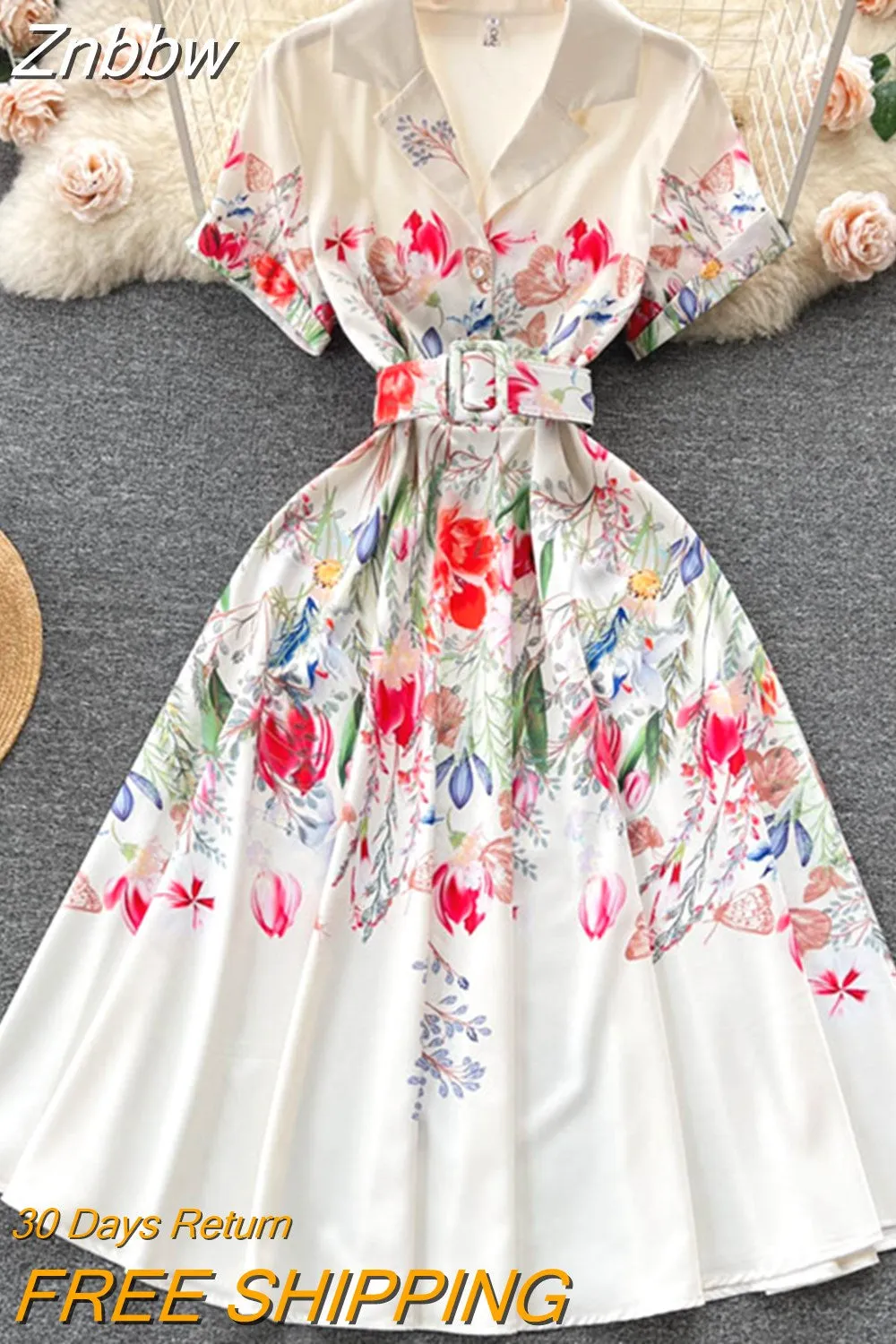 Znbbw French Style Sweet Shirt Dress Summer Women's Notched V-Neck Short Sleeve Floral Print Button Up Belt Party Vestidos