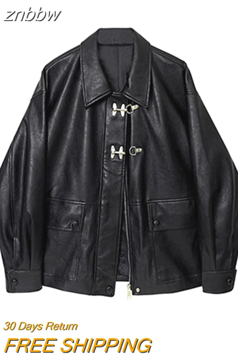 znbbw Women's Vintage Black PU Leather Jacket Motorcycle Coat 2023 Autumn Winter Female Korean Casual Loose Streetwear Outwear