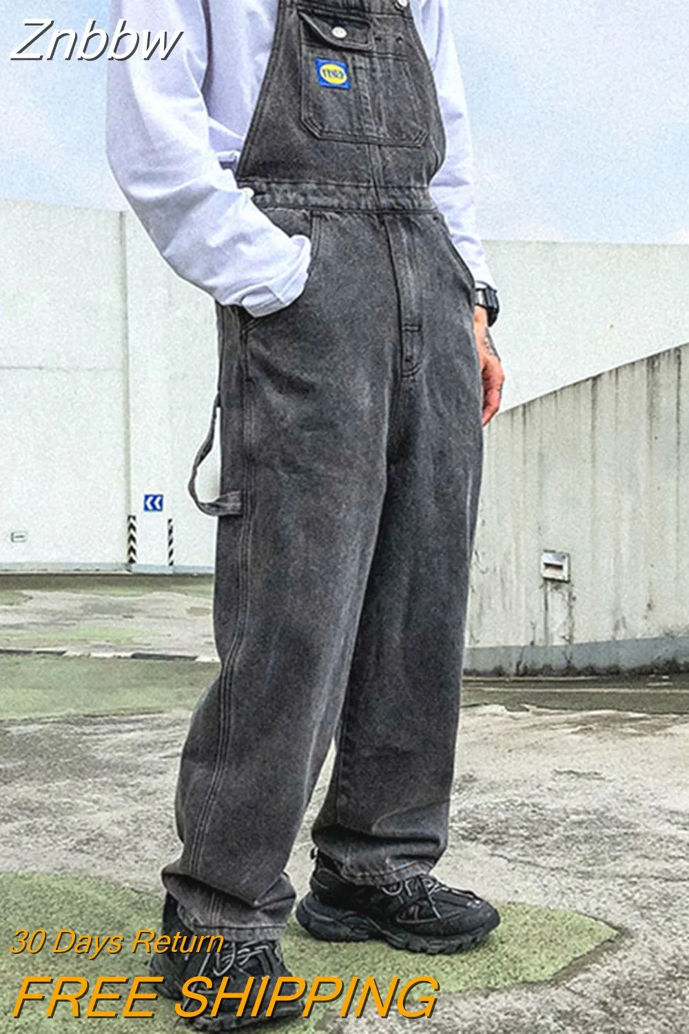 Znbbw Men Denim Jumpsuit Straight Jeans Hip Hop Big Pocket Wide Leg Cargo Pants Fashion Casual Loose Male's Rompers Trousers