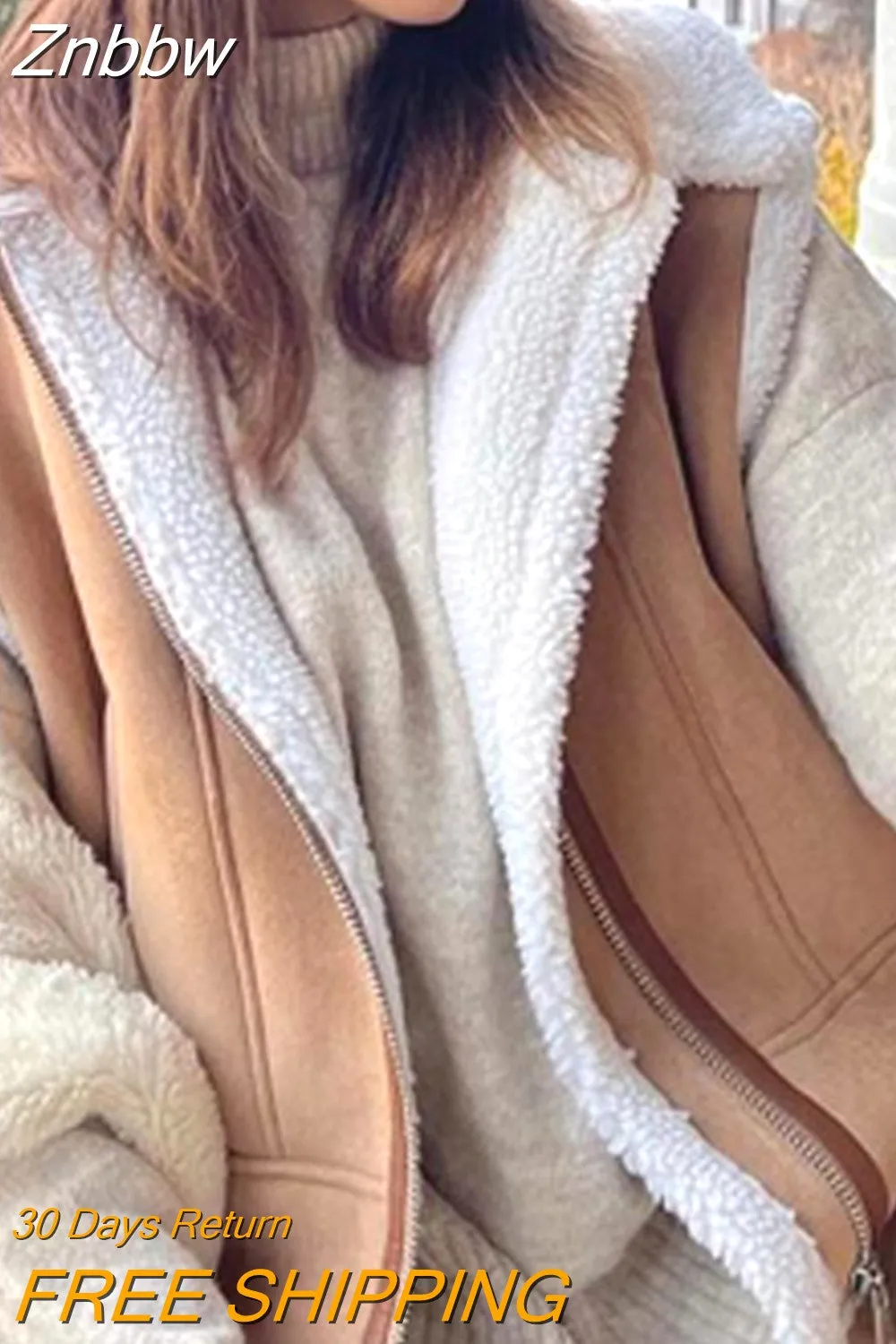 Znbbw Lapel Zipper Lamb Woo Vest Women Solid Zipper Sleeveless Jacket 2023 Spring Casual Female Streetwear Outfits