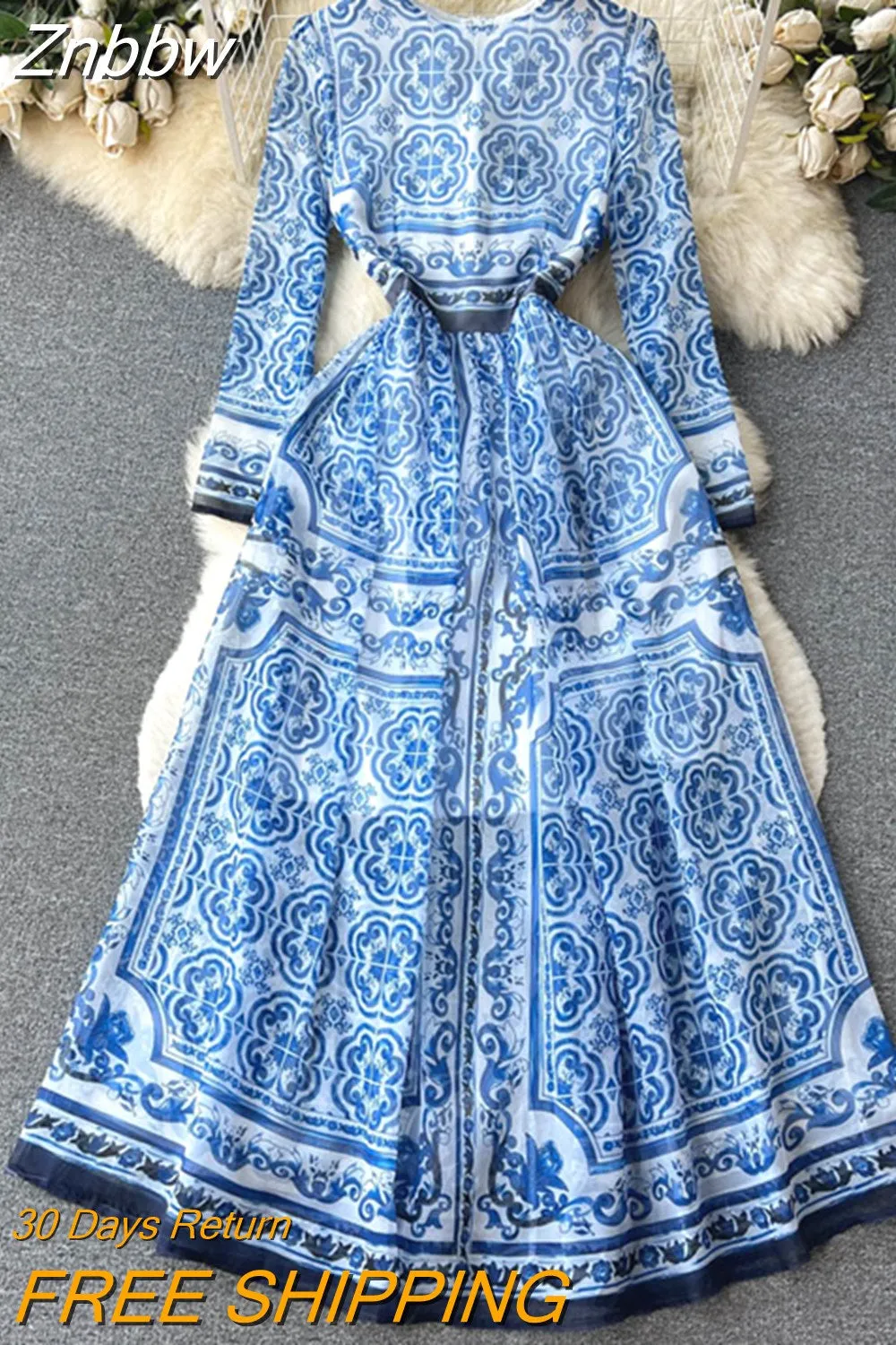 Znbbw Fashion Runway Classic Blue and White Porcelain Print Maxi Dress Women Long Sleeve Vintage Casual Chiffon Long Vestidos