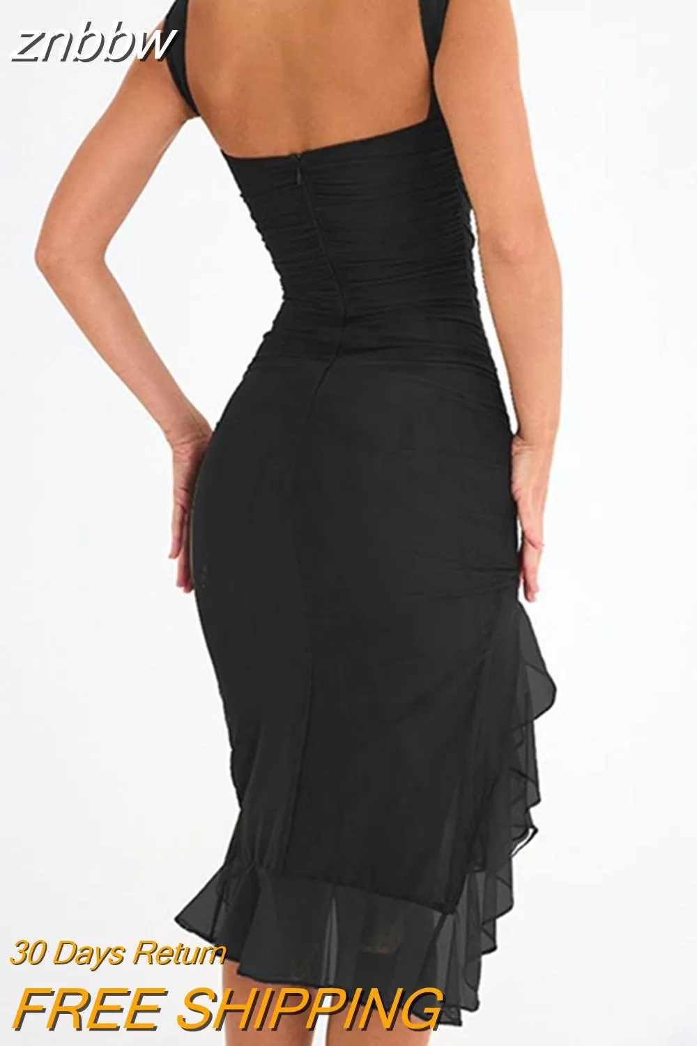 znbbw Summer Sexy Solid Midi Dresses Party Dresses For Woman 2023 O Neck Sleeveless Ruched Tassel Black Dress Women Clothing