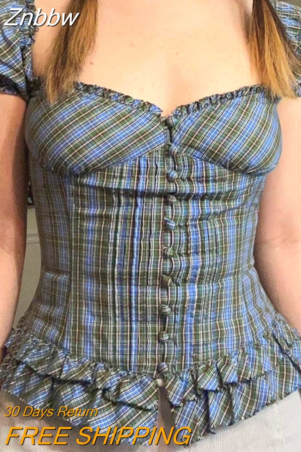 Znbbw Fairy Vintage Y2K Plaid Ruffles Milkmaid Tops Cute Retro Aesthetics Bustier Corset Tops Short Puff Sleeve Tie Up T-shirt