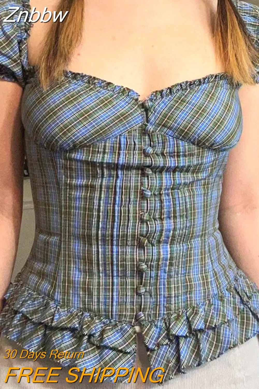 Znbbw Fairy Vintage Y2K Plaid Ruffles Milkmaid Tops Cute Retro Aesthetics Bustier Corset Tops Short Puff Sleeve Tie Up T-shirt 0410
