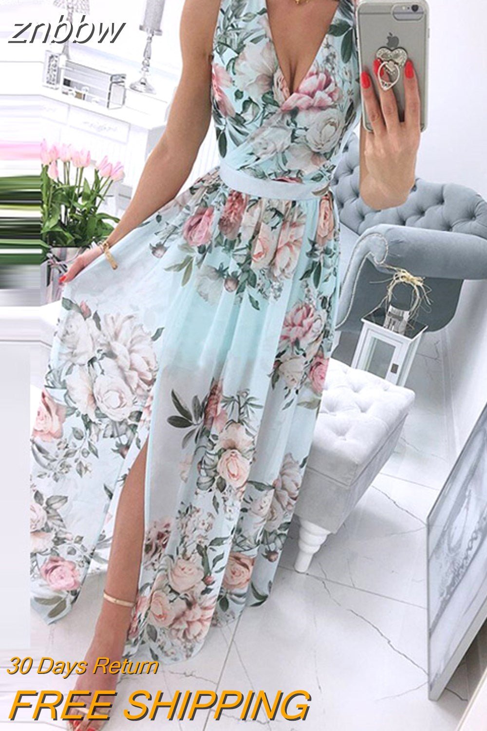 znbbw Deep V-Neck Sleeveless Beach Dress Elegant Women Chiffon Maxi Split Sunress Vintage Floral Print Long Cover-Ups Vestidos