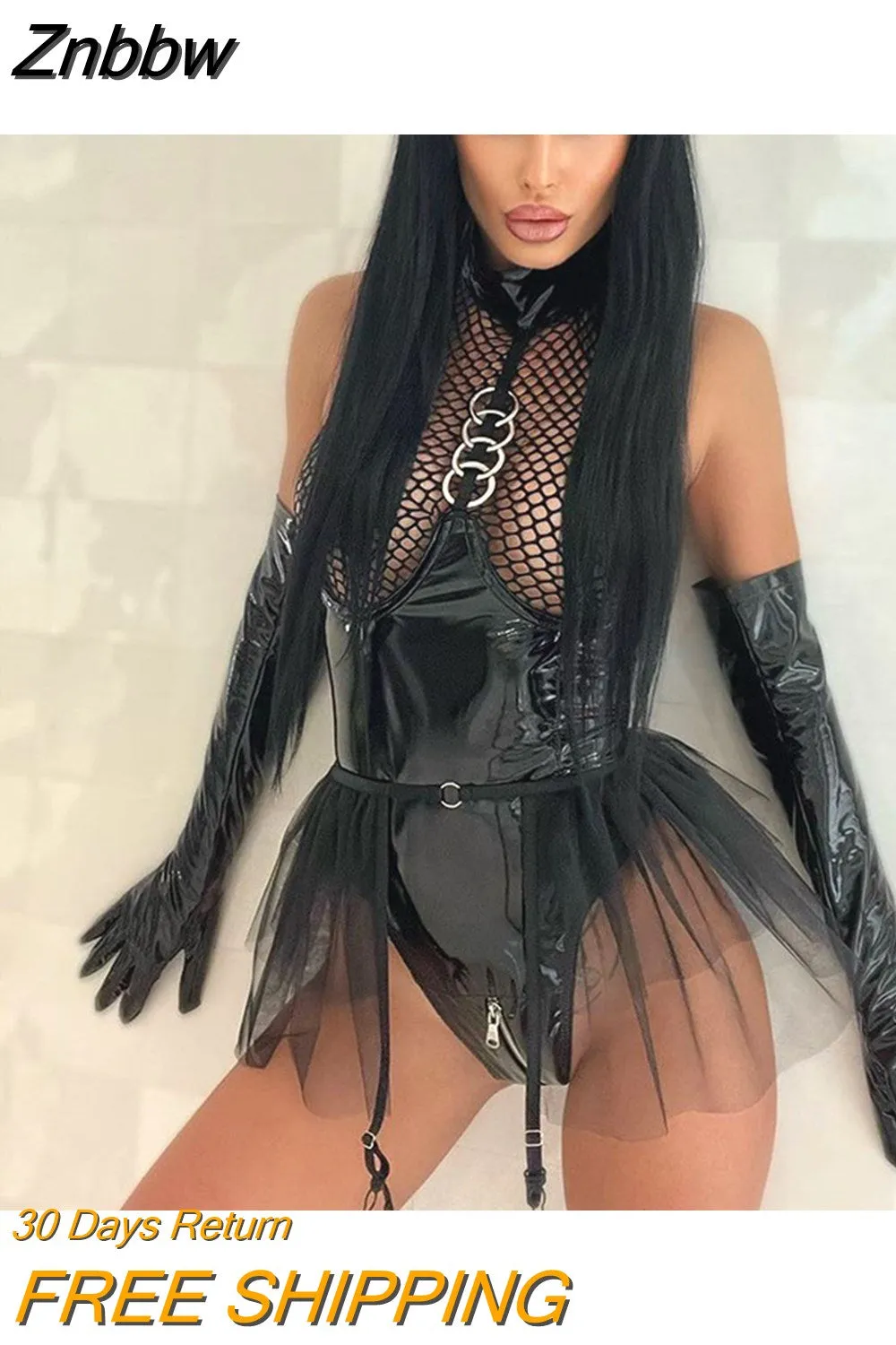 Znbbw Porn Fishing Net Latex Bodysuit Ruffle Garters Halter Sexy Costume 2-Piece Sissy Zipper Open Crotch Leather Body Teddy