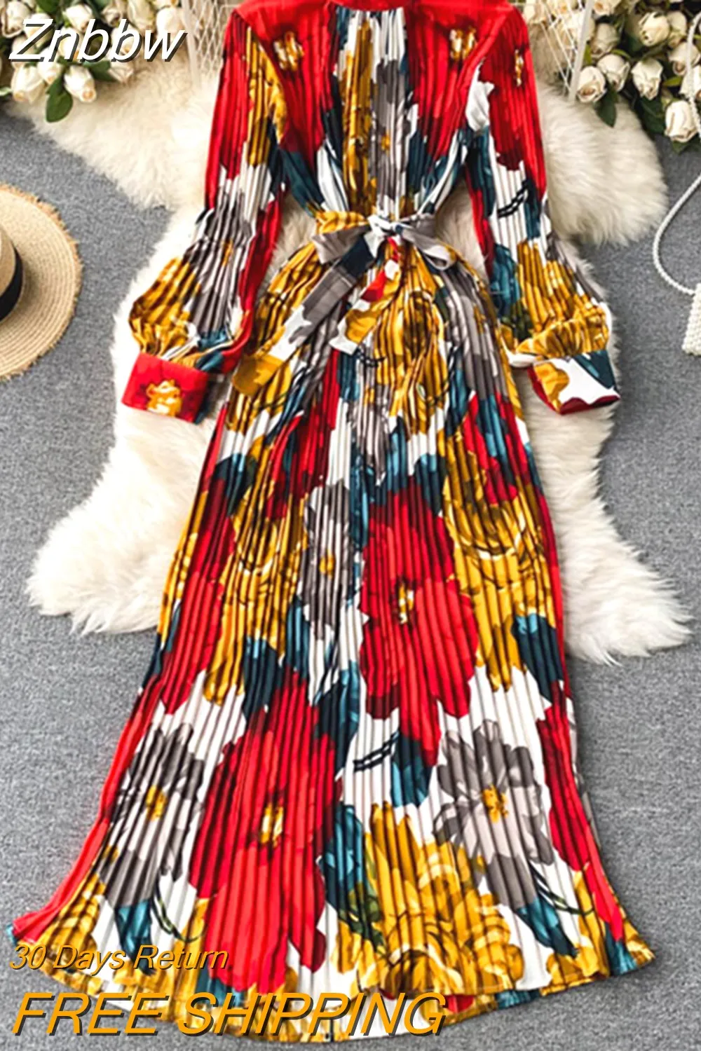 Znbbw Spring Autumn New Dress Temperament Turtleneck Waist Slim Long Sleeves Lace Up Wild Floral Maxi Vestidos Female UK016