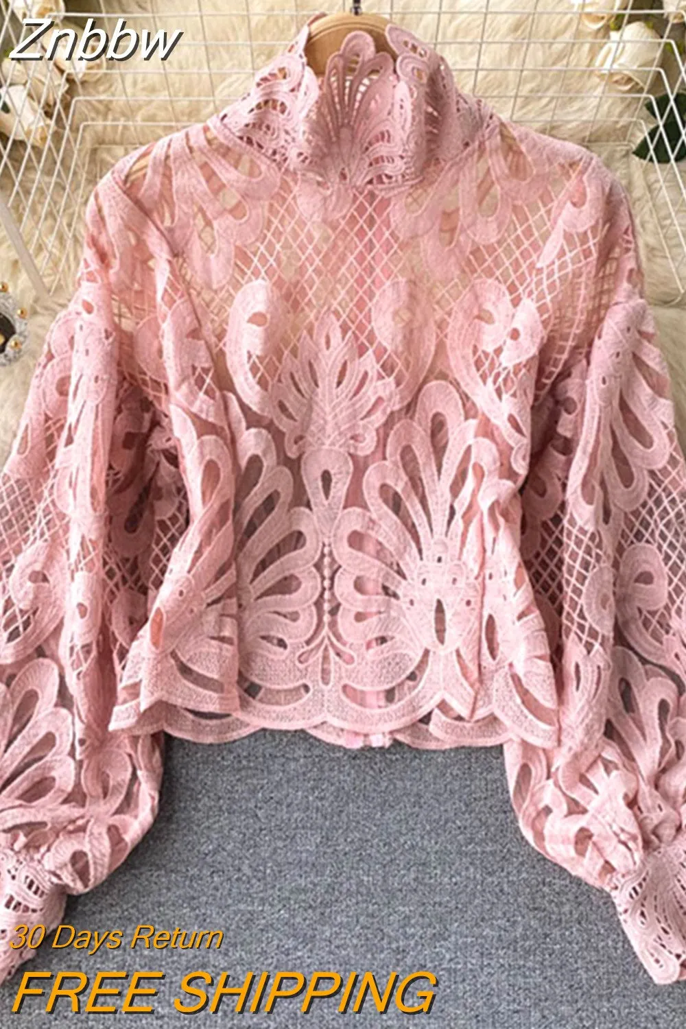 Znbbw 2023 New Fashion Blouse Female Hollow Lantern Sleeve Temperament Blusa Stand-up Collar Slim Short Lace Shirt C342