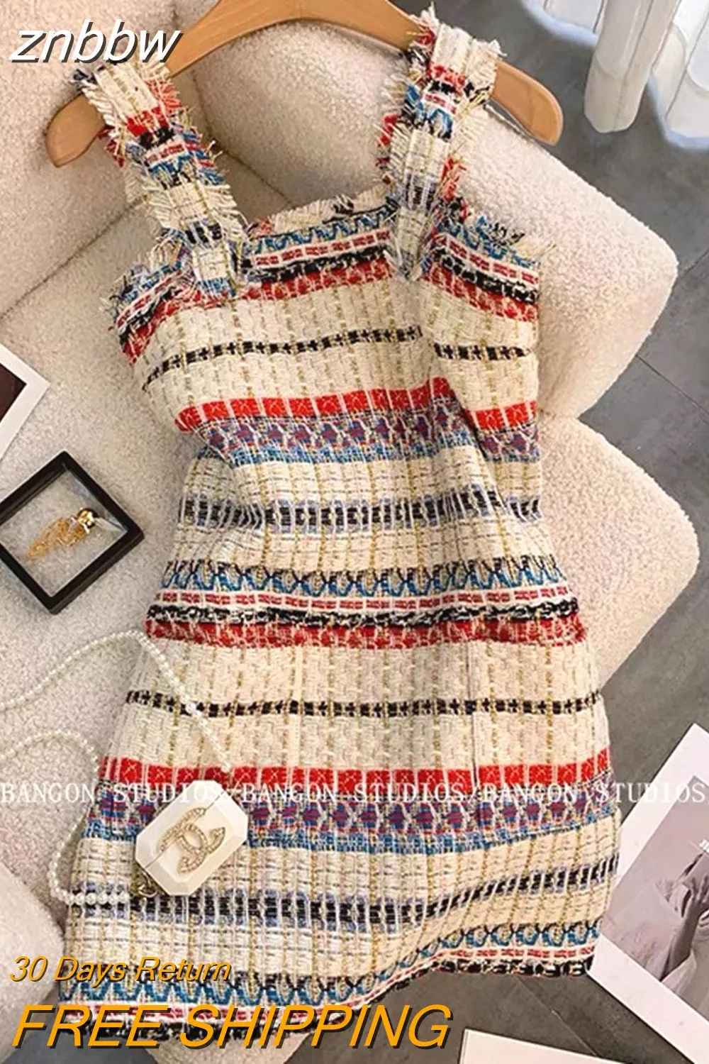 znbbw Casual Sling Tweed Mini Dress For Women Summer Sexy Sleeveless Backless Stripe Strap Party Dress With Pocket Vestidos