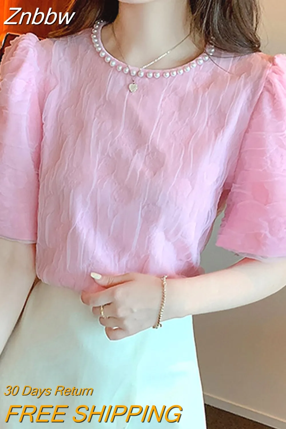 Znbbw Sleeve Blouse Women Blusas Mujer De Moda 2023 Verano Beading O-Neck Pink Chiffon Blouse Shirt Women Tops Blouses C449