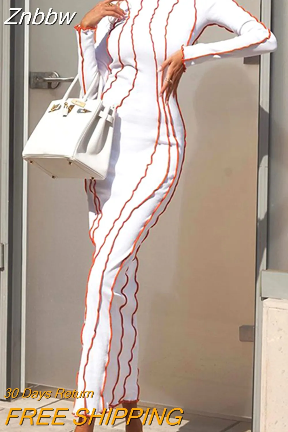 Znbbw vintage Women Ribbed Long Sleeve Bodycon Dress Crewneck Patchwork Party Club Night Outfit Skinny Streetwear