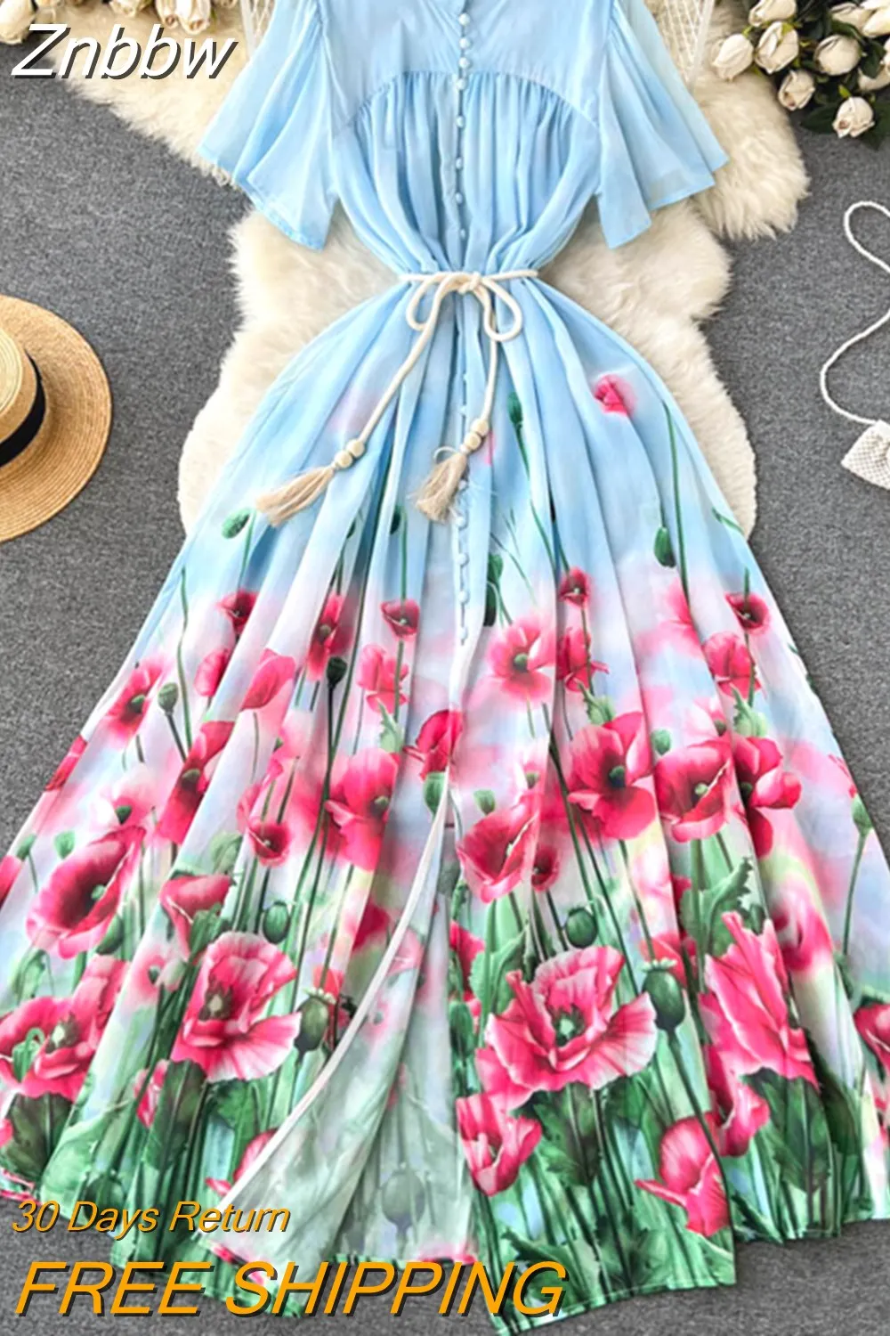 Znbbw Designer Holiday Beach Dress Women's Stand Collar Short Sleeve Romantic Flower Single Breasted Lace Up Belt Long Dress