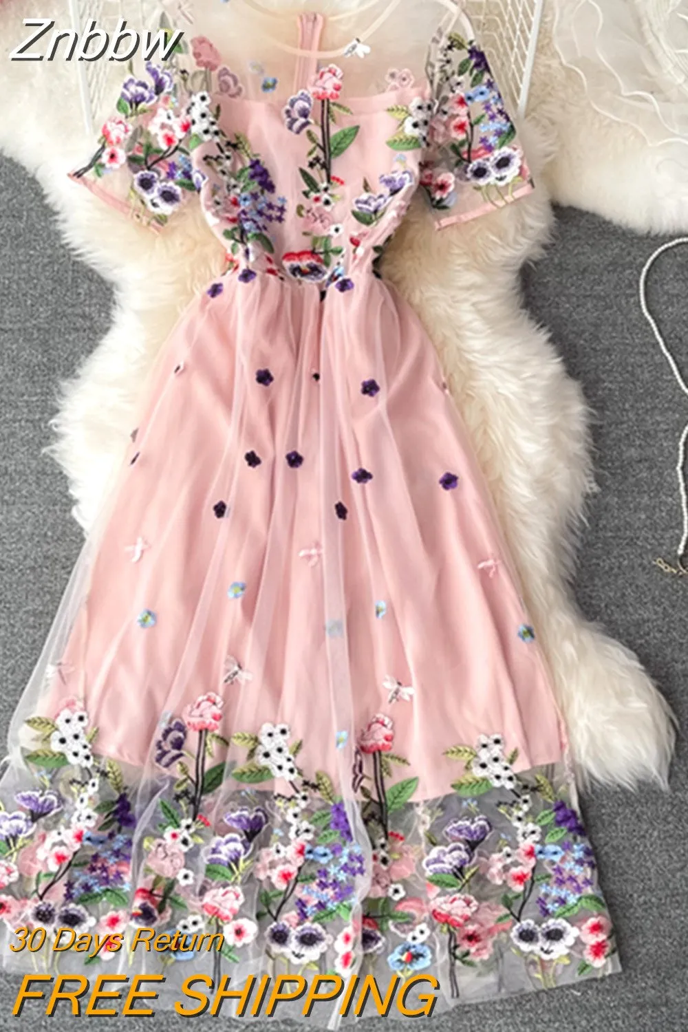 Znbbw New 2023 Women Summer Fashion Runway Midi Dress Short Sleeve Mesh Flower Embroidery Ladies Slim A-Line Dresses