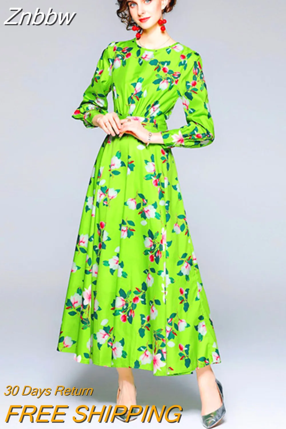 Znbbw 2023 Autumn Designer Runway Long Maxi Dress Women's O-Neck Long Puff Sleeve Green Floral Print Holiday Party Dress N8617