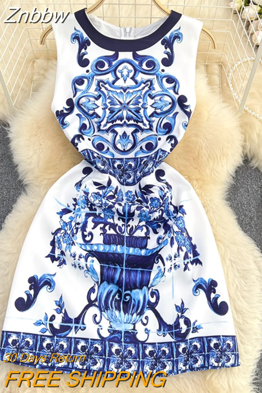 Znbbw Quality Summer Women Fashion Designer Mini Dress Sleeveless Blue And White Porcelain Printing Tank A-Line Party Vestidos