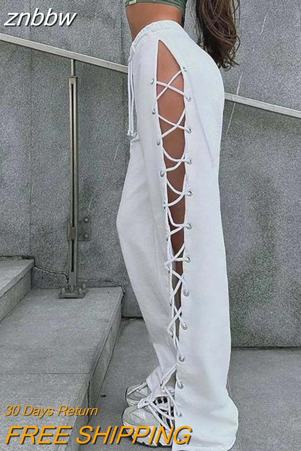 znbbw Sexy Streetwear Summer New Ladies Sport Clothes Casuals Hollow Out Wide Leg Pants Fashion Bandage Split Drawstring