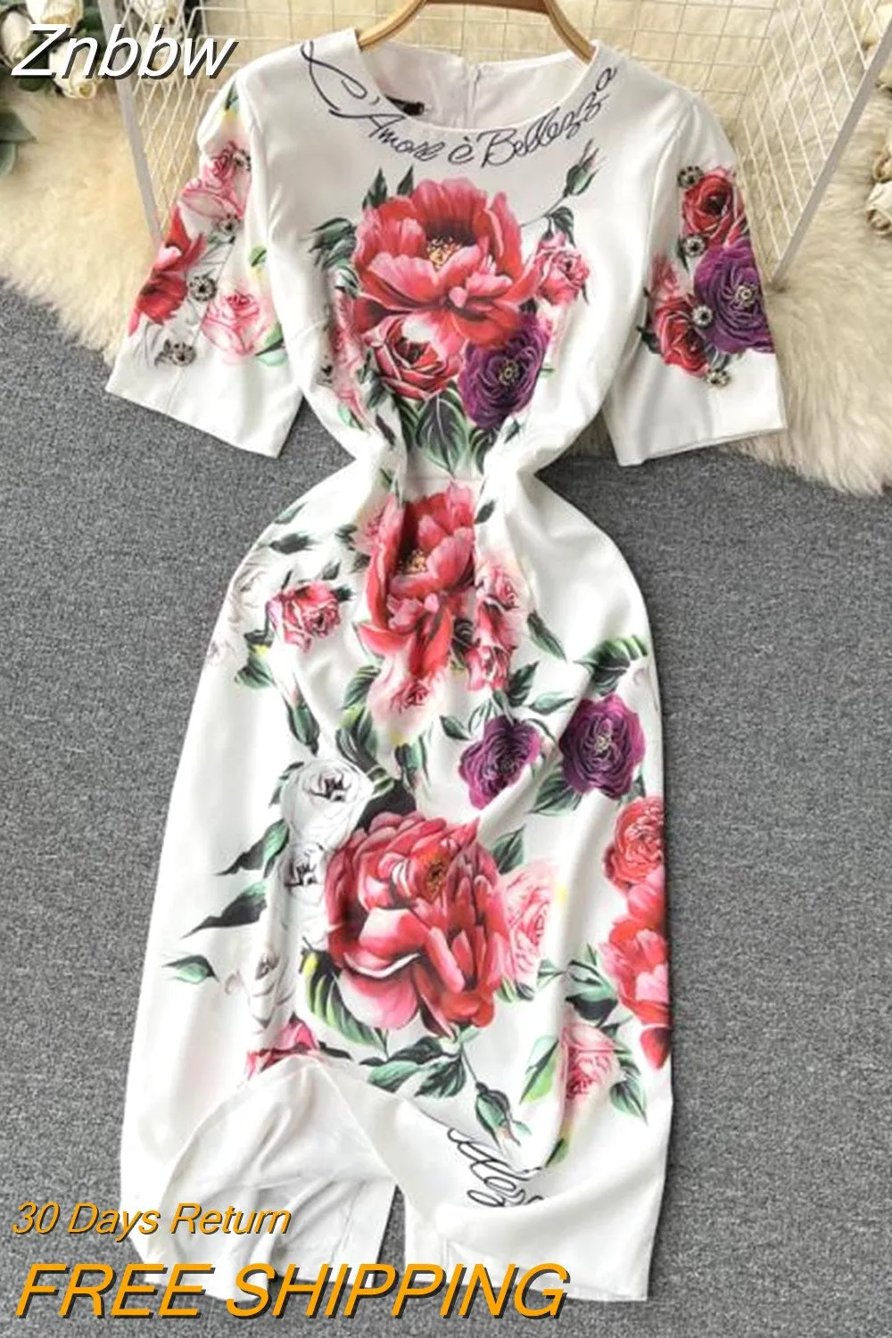 Znbbw Fashion Runway Summer Dress Women Elegant Beading Buttons Short Sleeve Casual Red Rose Floral Print Party Vestidos N6249