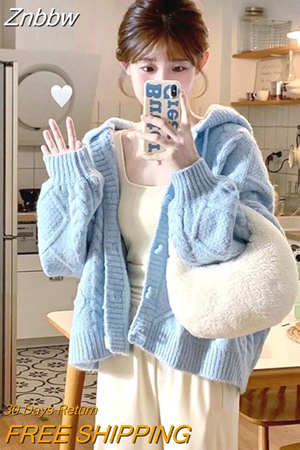Znbbw Harajuku Blue Knitted Cardigan Women Vintage Hooded Cropped Sweater Sweet Loose Casual Knitwear Y2K Tops Korean Fashion