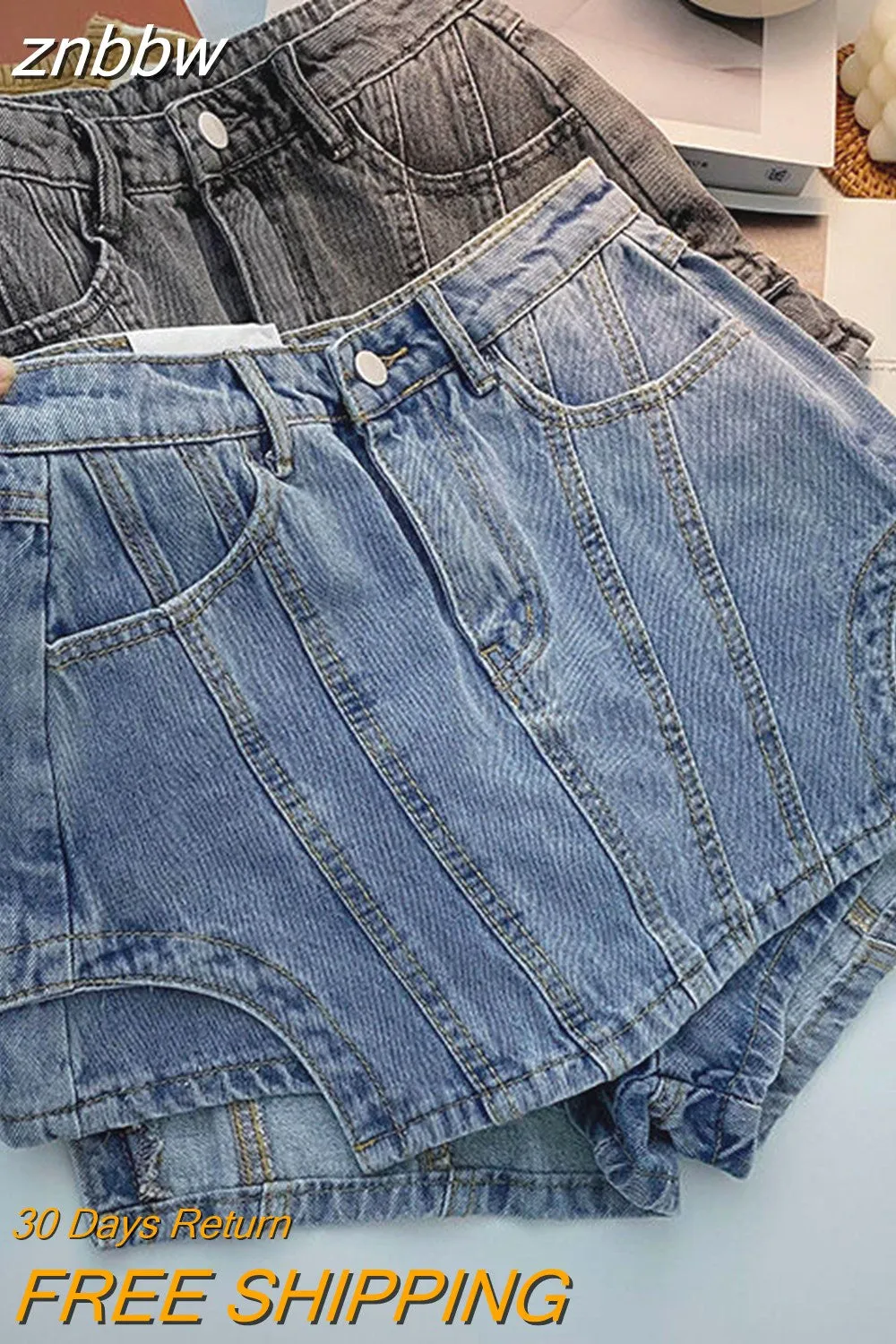 znbbw Summer Women's Blue Black Shorts New Fashion High Waist Spliced Solid Color Irregular A-line Wide Leg Denim Shorts Female