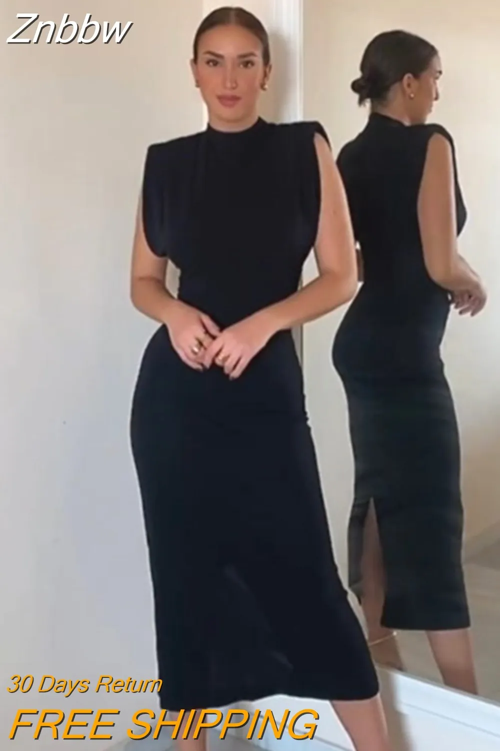 Znbbw Black Round Neck Midi Dress For Women Sexy Split Sleeveless Stretch Bodycon Dresses Elegant Party Club Female Streetwear