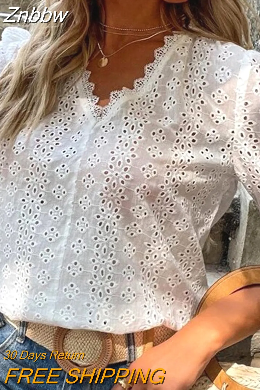 Znbbw Lace Shirts Women Summer Puff Sleeve Tops Vintage Elegant Pullover White Blouse Women Fashion V-neck Solid Shirt 21385