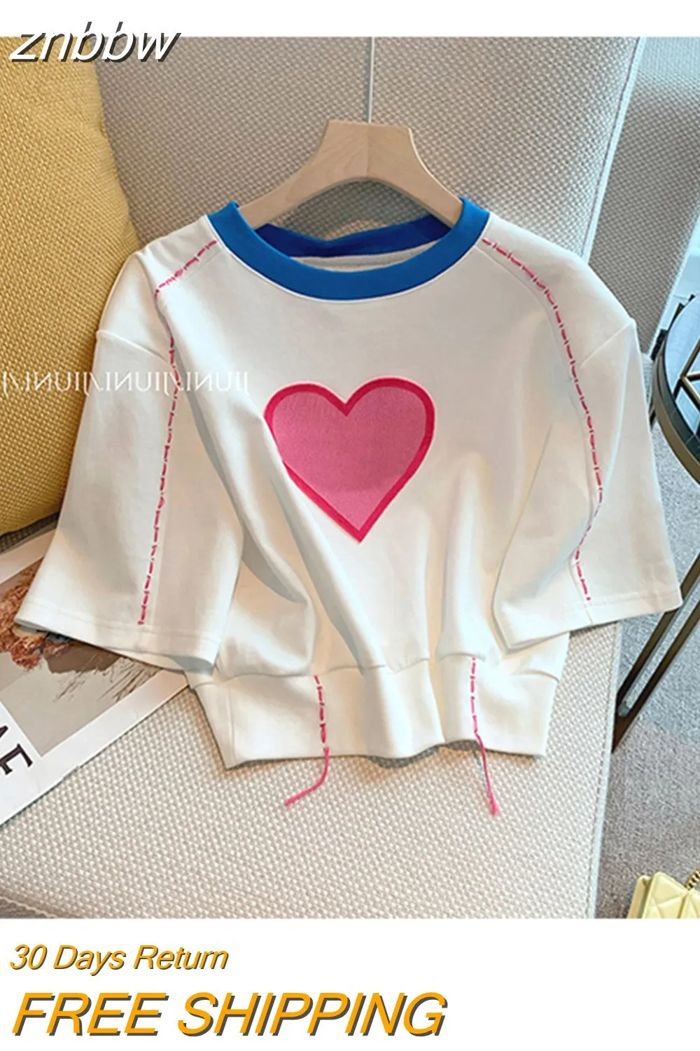znbbw Summer Korean Style Casual Elastic Waist Pink Print Short Sleeve T-Shirts Women's Fashion Kawaii Sweet Slim Fit Tees Tops