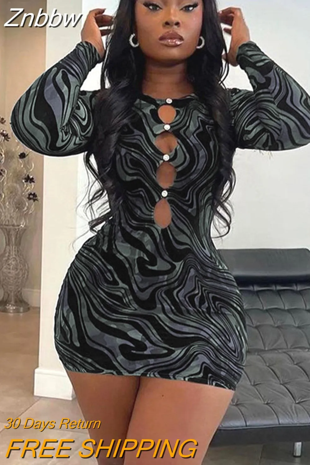 Znbbw Swirl Print Mesh Cut Out Bodycon Mini Dress Women Long Sleeve Casual Slim Fit Robe 2023 Spring Fall Party Club Clothes