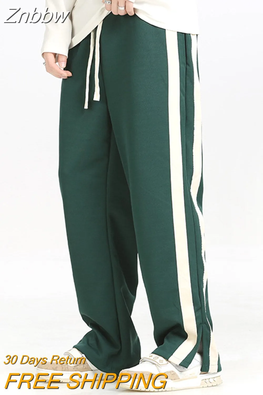 Znbbw Men's Striped Slit Pants Spring Autumn Straight Wide Leg Trousers High Street Loose Casual Trousers 2023 Fashion Men Clothing