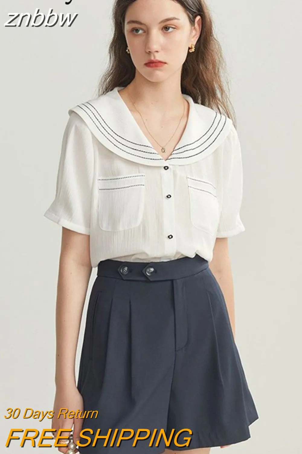 znbbw 2023 Summer French style Short Sleeve White Shirt Women Sailor Collar Solid Button Blouse Work Female Clothing Tops