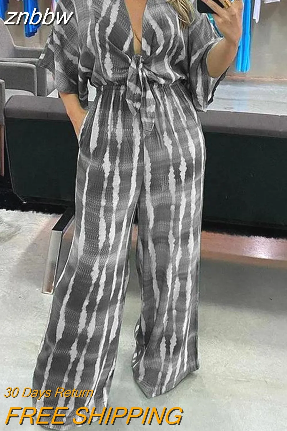 znbbw Retro Print Wide-Leg Pants Playsuits High Streetwear Women Jumpsuit Loose Fashion Elegant Long Pants Half Sleeve Rompers