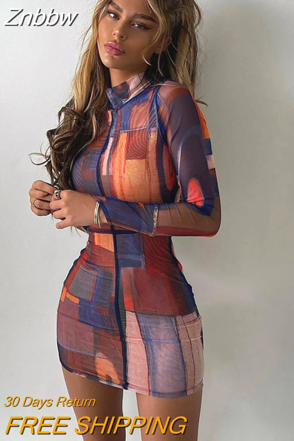 Znbbw Dye Print Long Sleeve Mini Dress High Neck Bodycon Sexy Streetwear Party Club Women 2023 Summer Clothes Slim Fashion