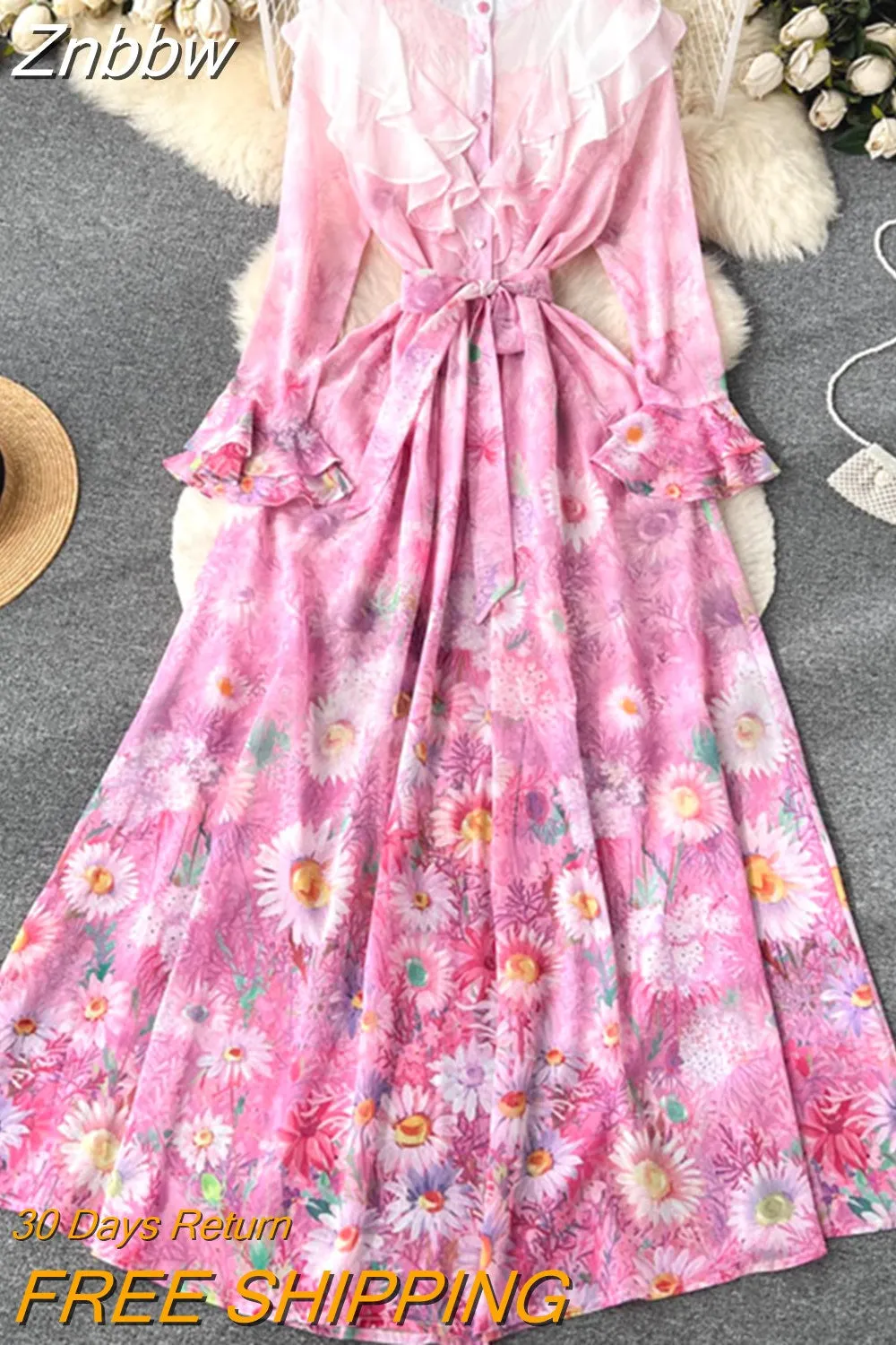 Znbbw Quality Spring Women Fashion Runway Long Dress Flare Sleeve Stand Collar Floral Print Lace Up Belt Holiday Maxi Dresses