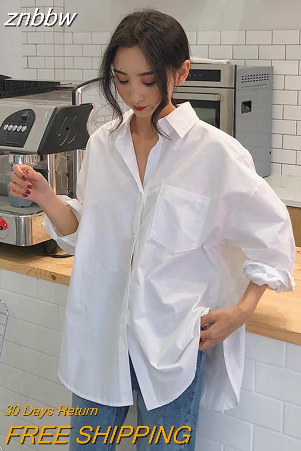 znbbw Spring New In Minimalist Full Sleeve Women White Basic Shirt Korea Style Button Up Pocket Oversize Woman Blouse Clothing