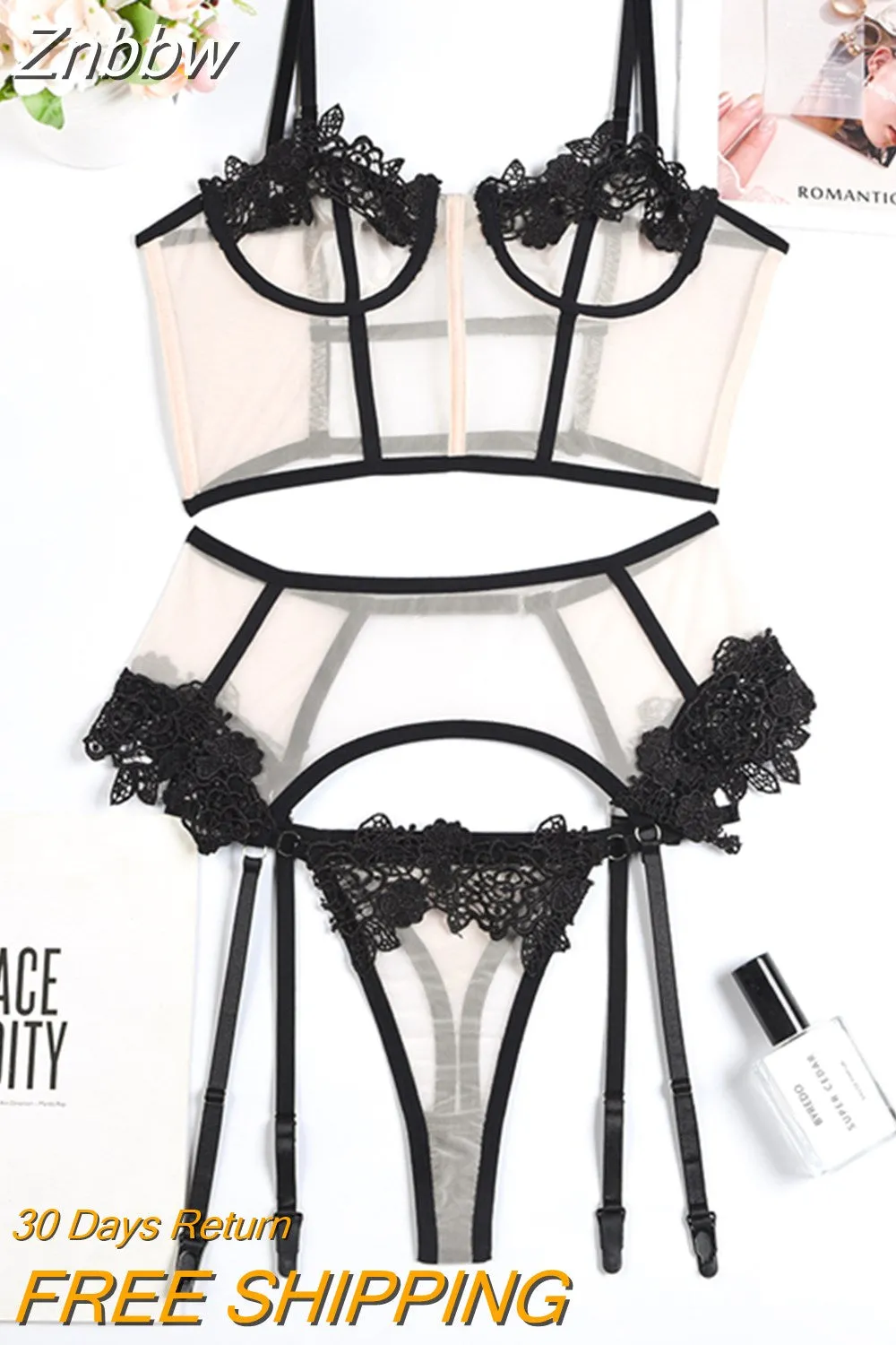 Znbbw Lingerie Sexy Thong Panties Female Underwear Sets Patchwork Lace 3-Piece Transparent Bra Erotic Costumes Nude Outfits