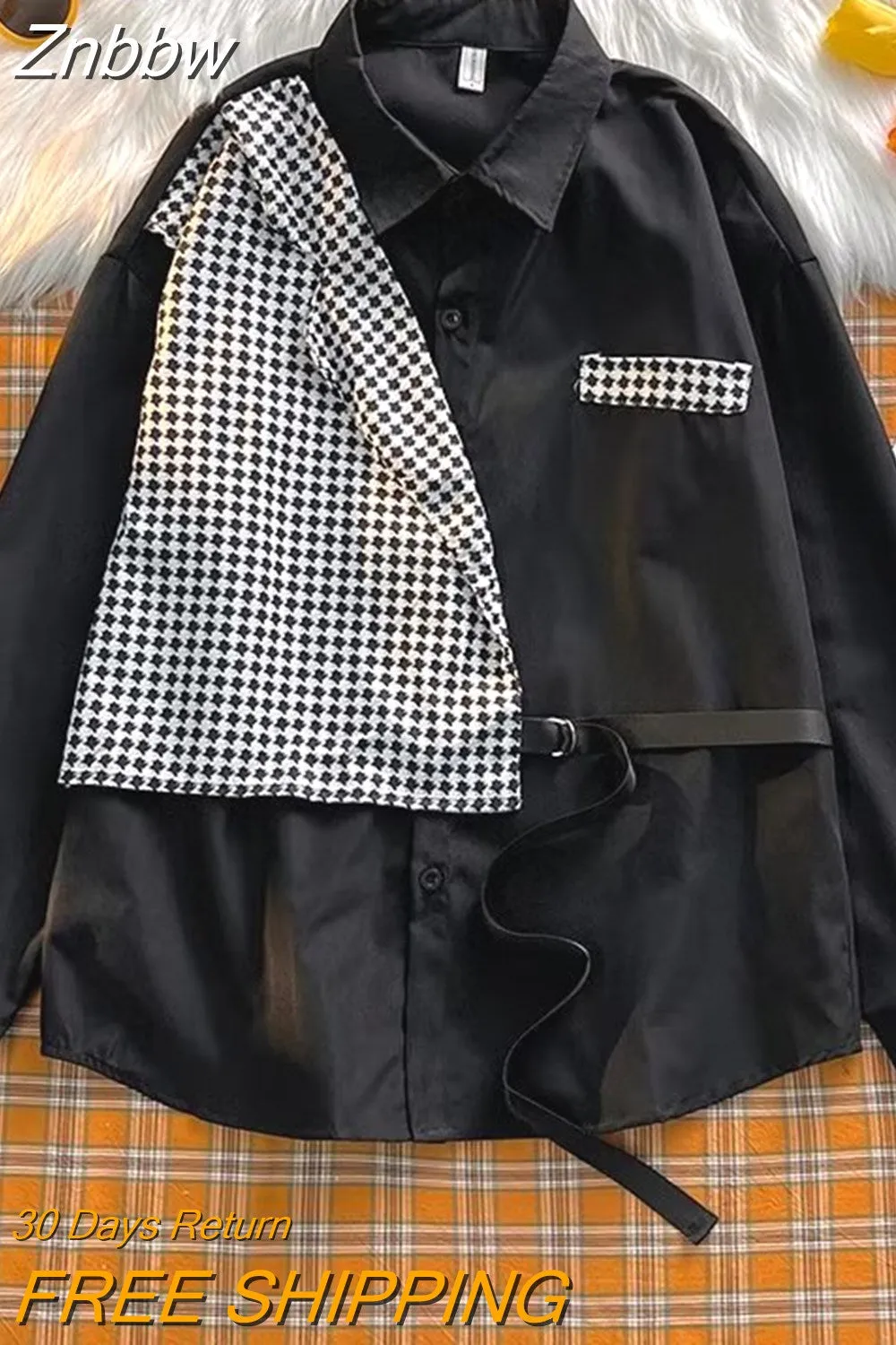 Znbbw Long Sleeve Shirt Women British BF Top Streetwear Fake Two Piece Blouse Houndstooth Unisex Spring Summer Preppy Shirts