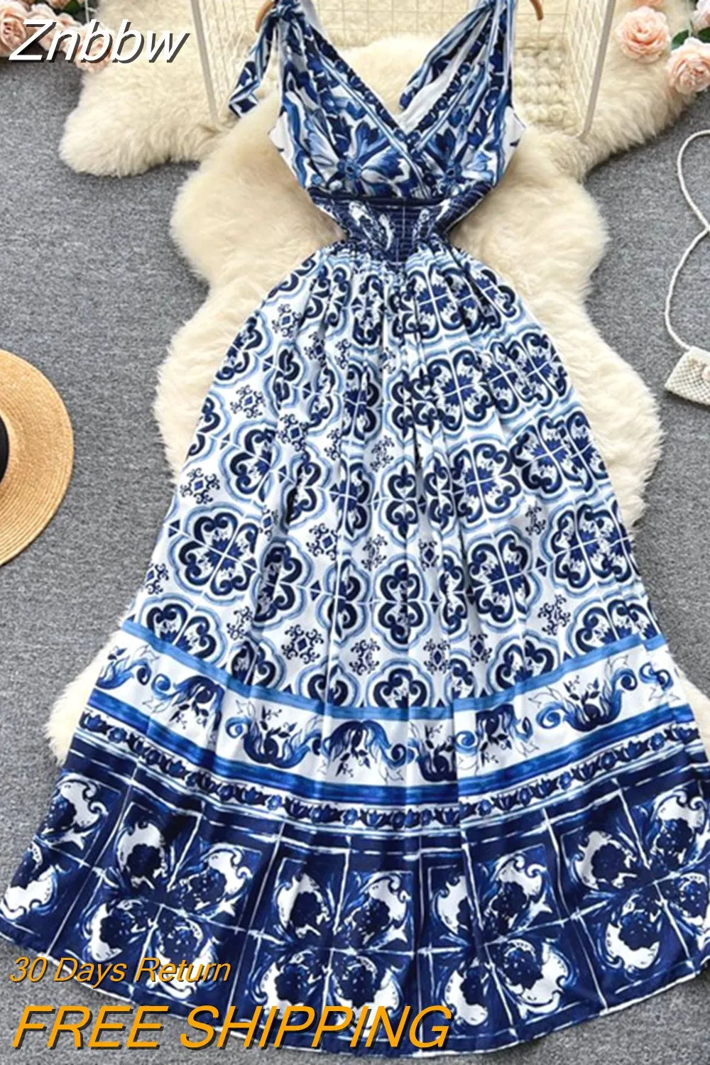 Znbbw Runway Vacation Long Dress Women Bow Spaghetti Strap V Neck Elastic Waist Blue and White Porcelain Print Maxi Dresses