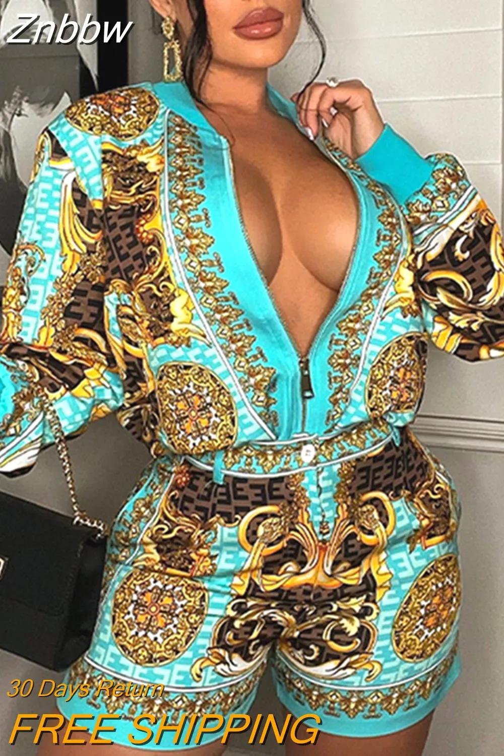Znbbw Printed Sets Women Long Sleeve Zipper Shirt Top Shorts Two Piece Set 2023 Summer Female Party Club Outfits