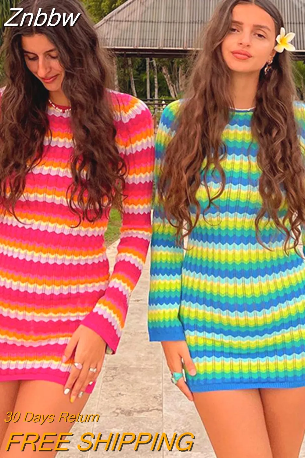 Znbbw Women Long Sleeve Striped Beach Vacation Bodycon Mini Dress Streetwear 2023 Summer Clothes Wholesale Items For Business
