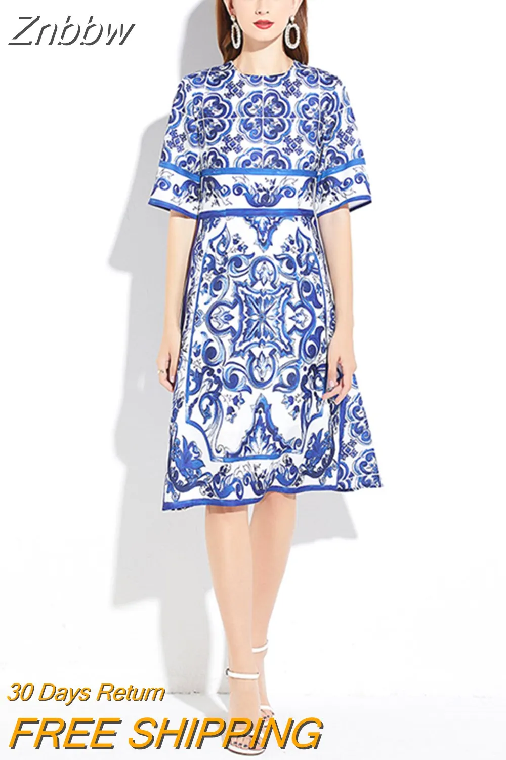 Znbbw Summer Runway Sicily Midi Dress Women Short Sleeve High Street Blue Flowers Print Slim Casual A-Line Knee Length Dress