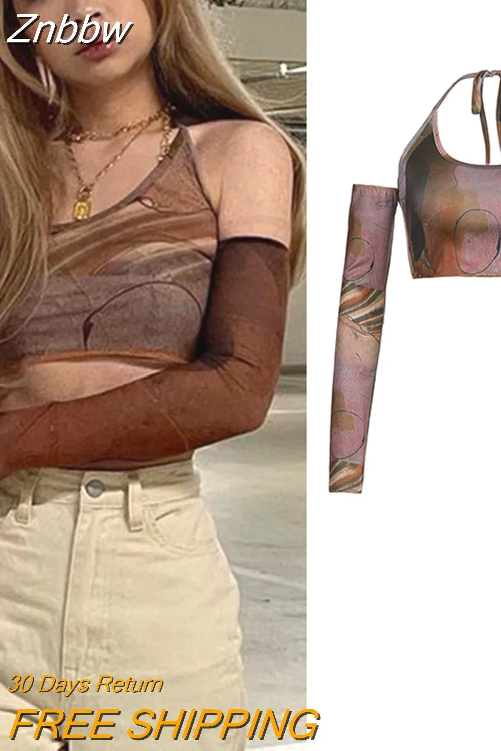 Znbbw Gothic Print Brown Corset Tops 90s Women Summer Aesthetic Vintage Crop Top Grunge With Glove Fashion Sexy Camis Korean Style