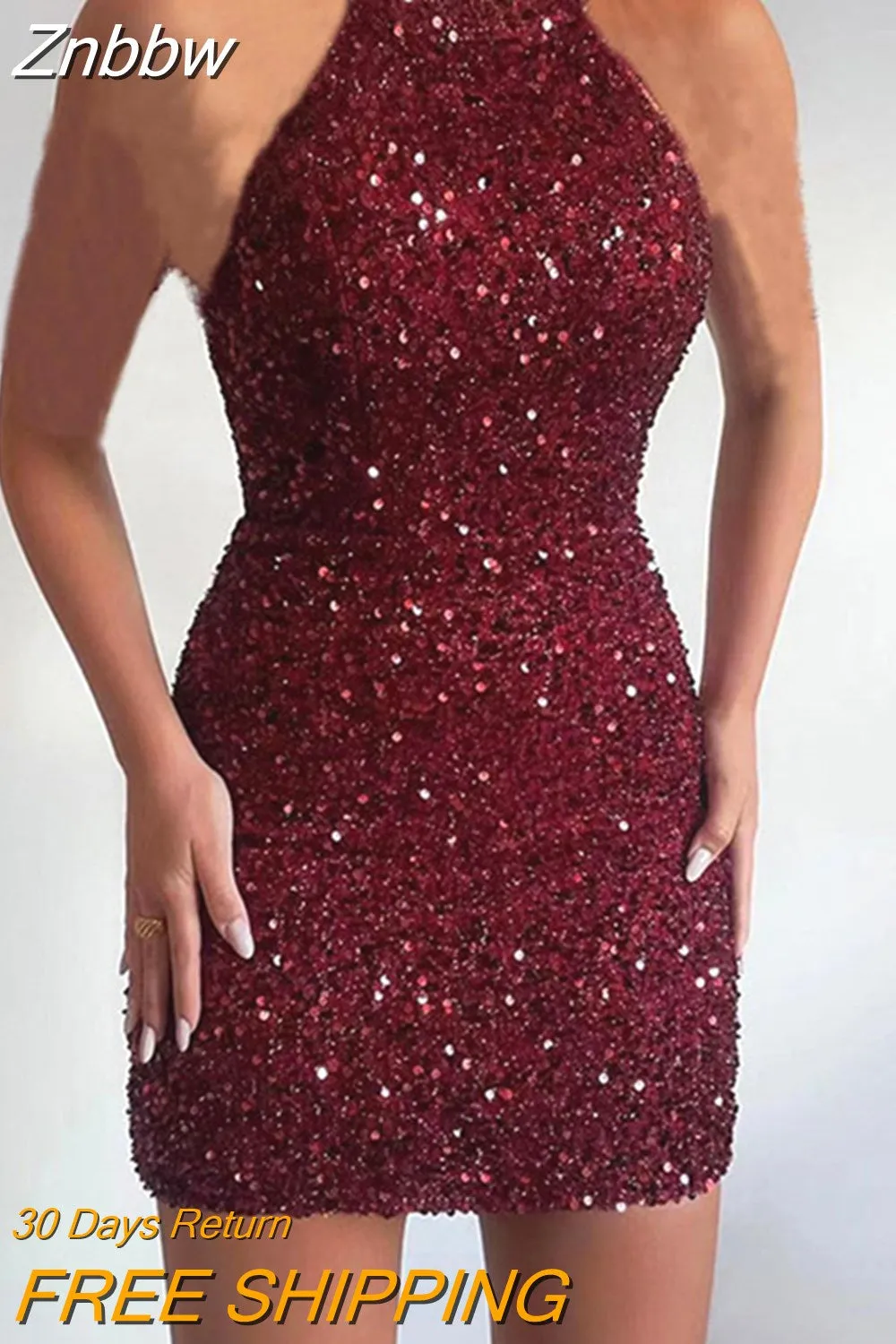 Znbbw Sleeveless Off Shoulder Sequin Mini Dress Women Fashion Halter Skirt Female Elegant O-neck High Waist Dresses