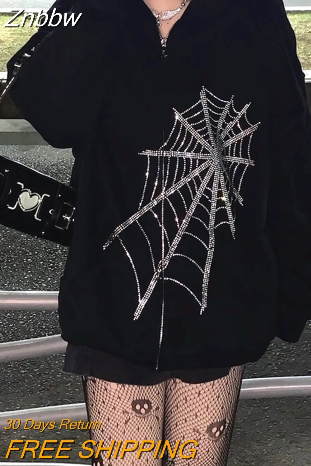 Znbbw Harajuku Gothic Rhinestone Spider Web Hot Rhinestone Zipper Hoodie Couple Trend Punk Oversized Clothing Sweatshirt Unisex