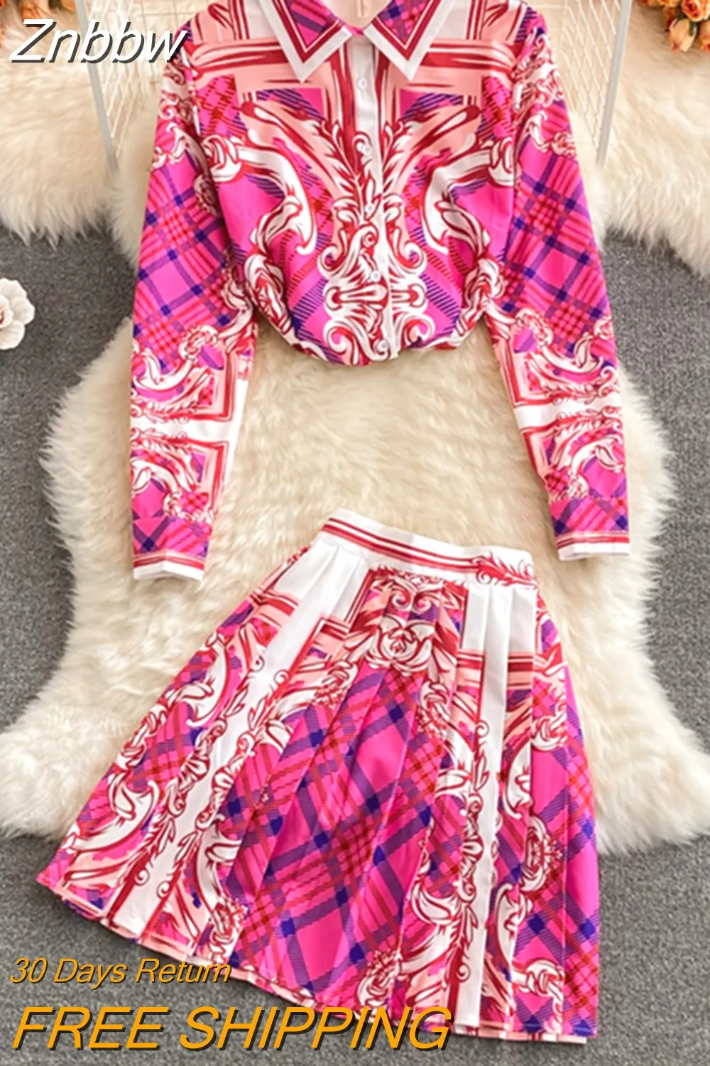 Znbbw Women Fashion Luxury Print Shirt Top + Pleated Mini Skirt New 2023 Spring Autumn Vintage Long Sleeve Buttons Party 2 Piece Sets