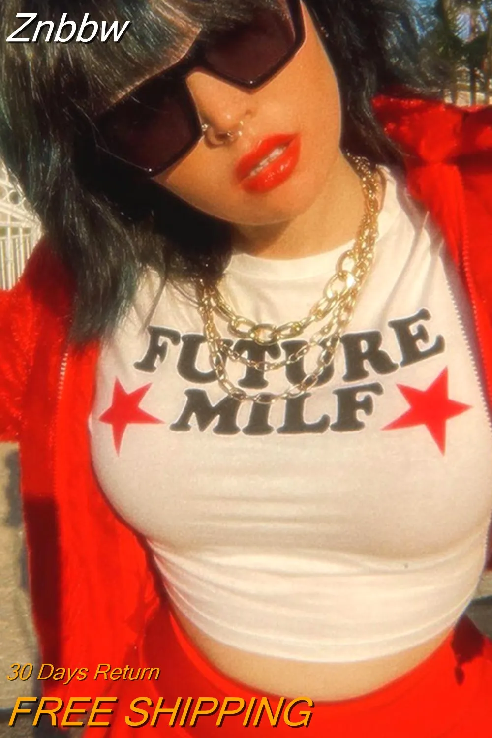 Znbbw FUTURE MILF Stars Print T-shirts Fashion Casual O Neck Short Sleeve Crop Tops Y2K Summer Sexy E-girl Baby Tee Women Clothing