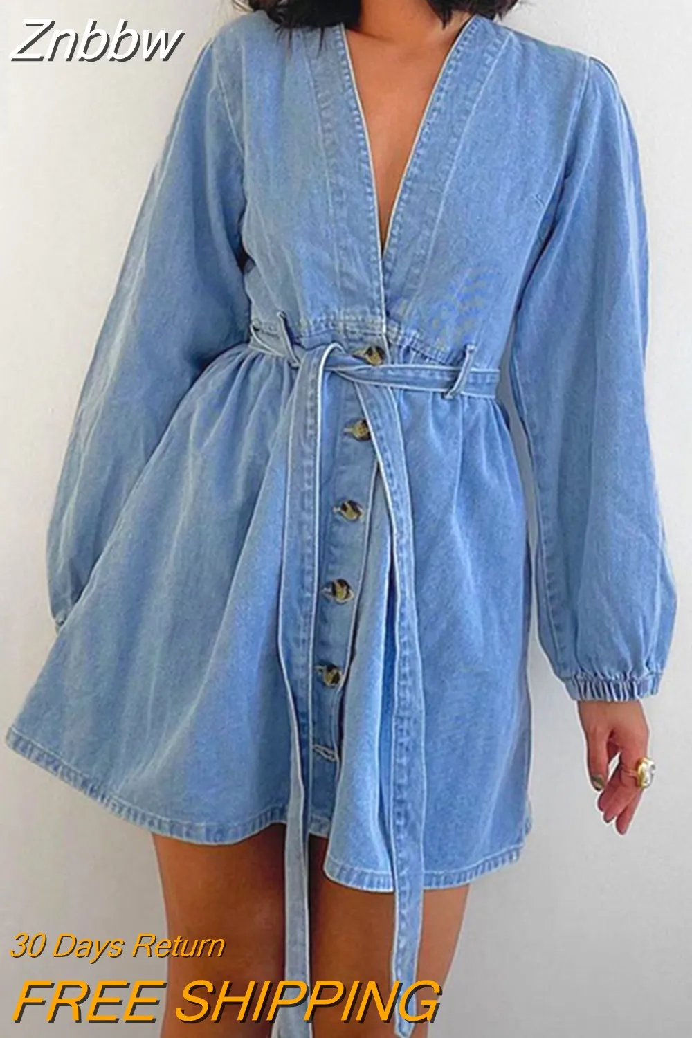 Znbbw 2023 Autumn Winter Sexy Denim Dresses With Belt Women Fashion V-neck Long Sleeve Bandage Elegant Lady Casual Mini Dress